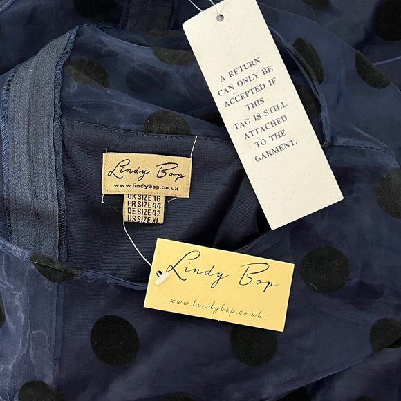 Lindy Bop Womens Dress Size XL Blue Black Polka Dot Sheer Retro 50's NWT RARE A - Picture 3 of 6